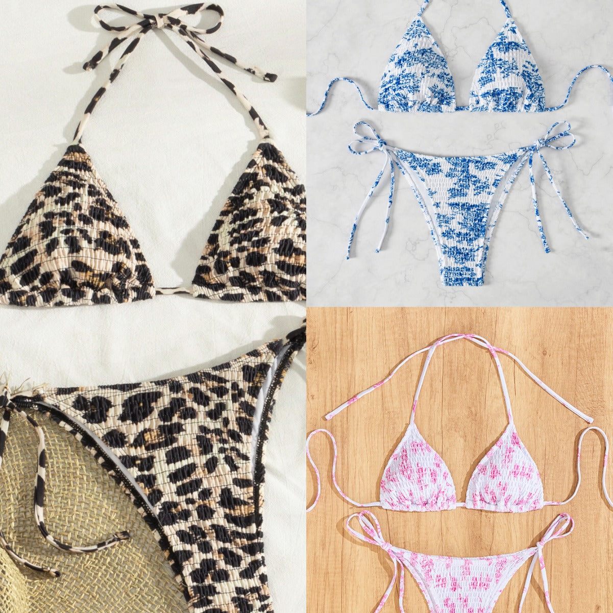 Damen Triangel-Bikini mit verspieltem Leo-Design und verstellbaren Bändern R&B