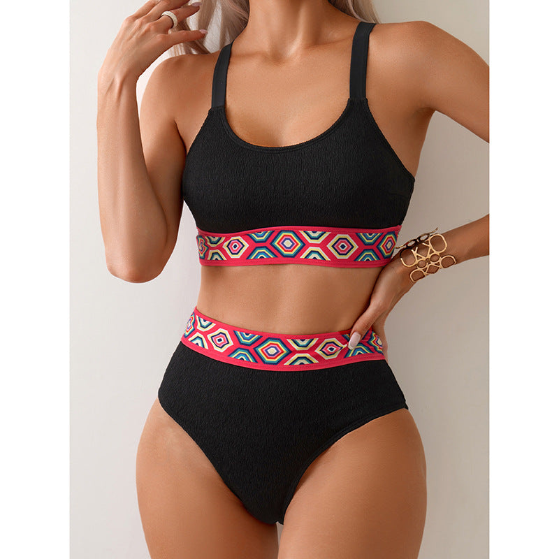 Damen Sportlicher Hochtaillen-Bikini mit buntem elastischen Bund R&B
