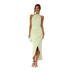 Damen Exklusives Langarm-Kleid mit hohem Kragen und Raffung R&B