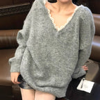 Damen Oversized Strickpullover mit V-Ausschnitt und zartem Spitzenrand R&B