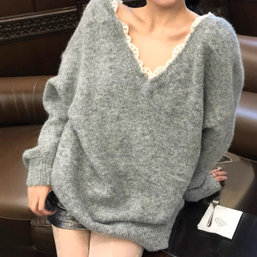 Damen Oversized Strickpullover mit V-Ausschnitt und zartem Spitzenrand R&B