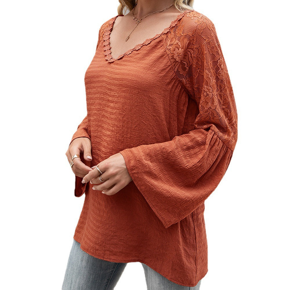 Damen Bluse mit transparenten Spitzenärmeln und modischem V-Ausschnitt R&B