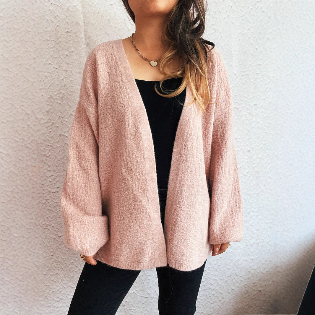 Damen lässige Strickjacke mit weitem Schnitt und voluminösen Ärmeln R&B