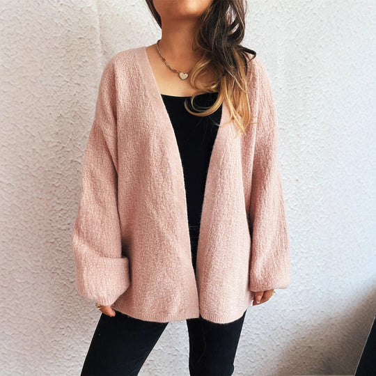 Damen lässige Strickjacke mit weitem Schnitt und voluminösen Ärmeln R&B
