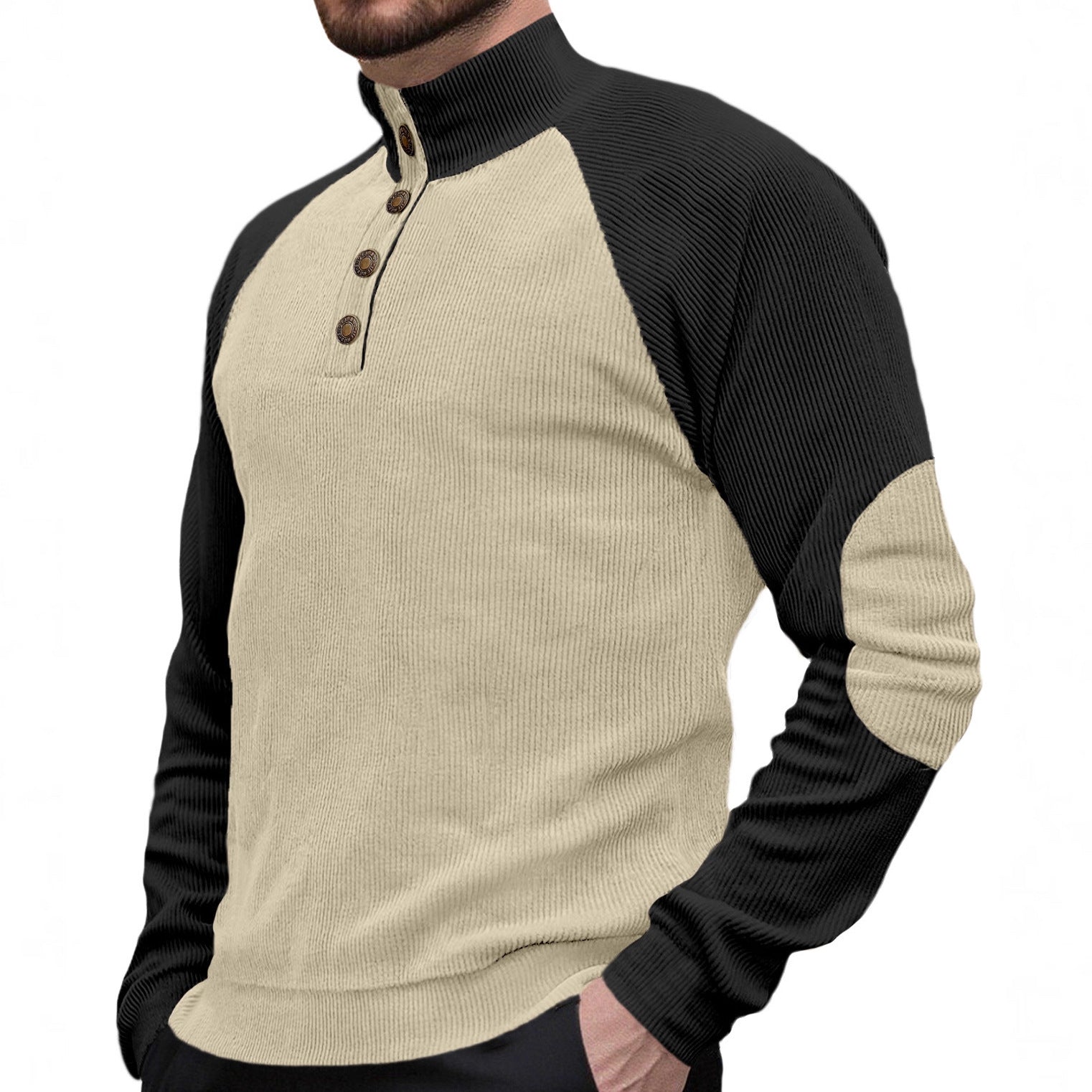 Herren nan zweifarbiger Ripptroyer mit asymmetrischer Knopfleiste und Velours-Ellbogenpatch R&B