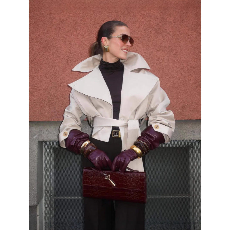 Damen modische Trenchjacke mit breitem Kragen und Taillengürtel R&B