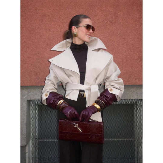 Damen modische Trenchjacke mit breitem Kragen und Taillengürtel R&B