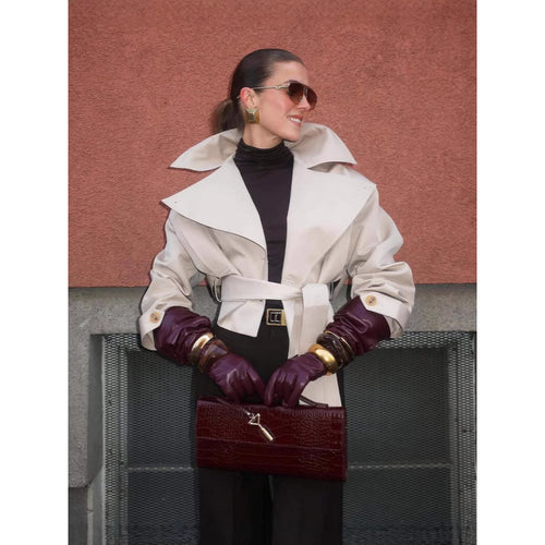 Damen modische Trenchjacke mit breitem Kragen und Taillengürtel R&B