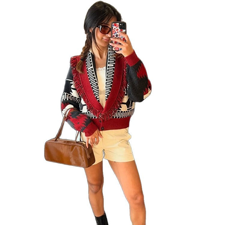 Damen gestrickte Cardigan mit fransigen Details und geometrischem Muster R&B