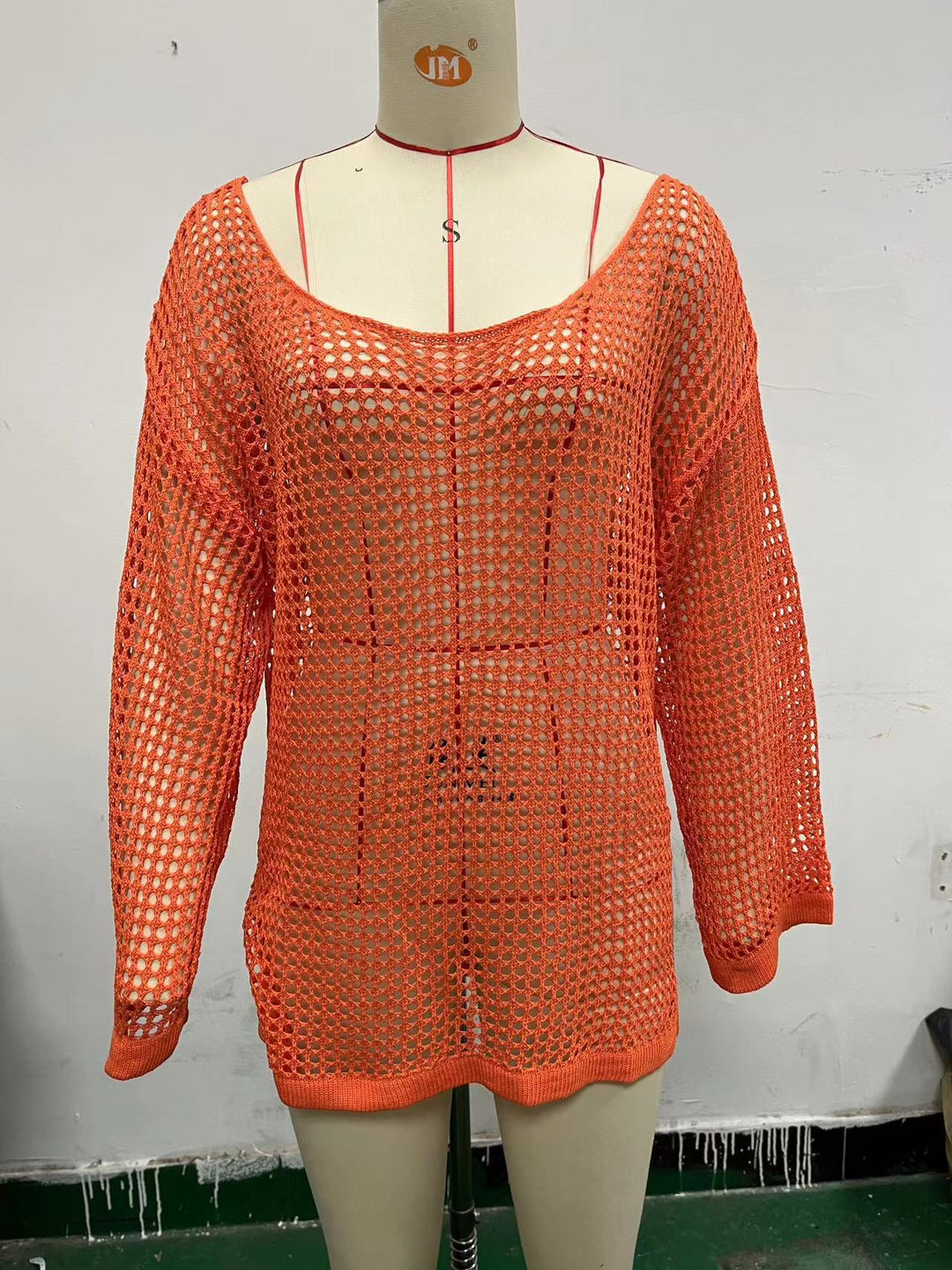 Damen lässiger Netzpullover mit weitem Schnitt und U-Boot-Ausschnitt R&B