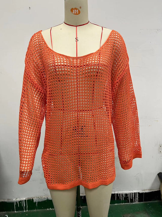 Damen lässiger Netzpullover mit weitem Schnitt und U-Boot-Ausschnitt R&B