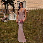 Damen elegantes körperbetontes Maxikleid mit tiefem V-Ausschnitt R&B