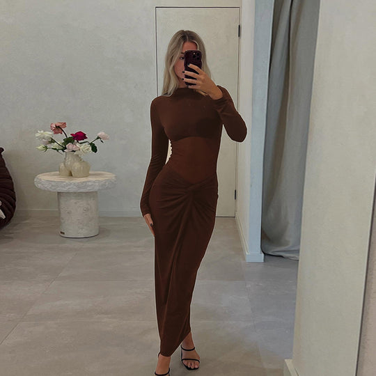 Damen elegantes Maxikleid mit einzigartigem Wickel-Design und langen Ärmeln R&B