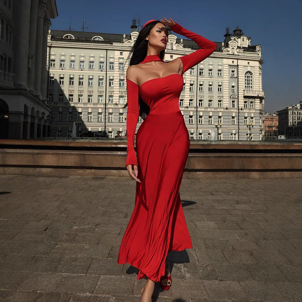 Damen Elegantes Off-Shoulder Maxikleid mit raffinierten langen Ärmeln R&B