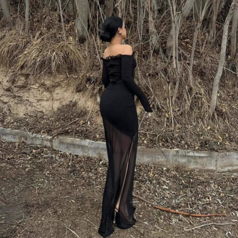 Damen figurbetontes Maxikleid mit Off-Shoulder Design und transparentem Rock R&B