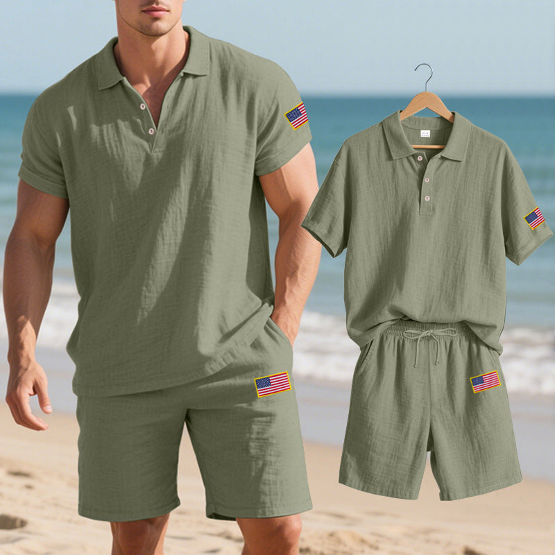 Herren Polo- und Shorts-Set mit gesticktem Länderflaggen-Motiv