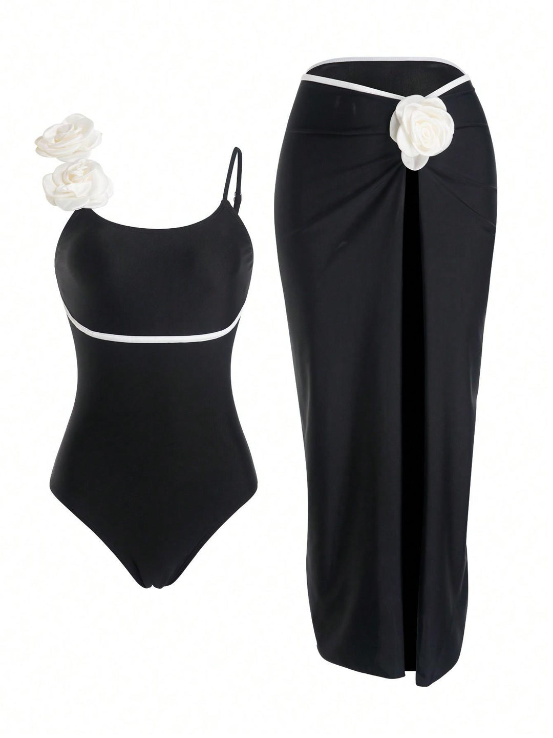 Damen Einteiler Badeanzug mit elegantem Rock und verspielten Blütendetails R&B