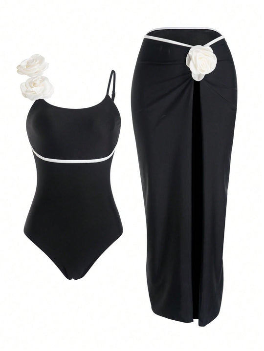 Damen Einteiler Badeanzug mit elegantem Rock und verspielten Blütendetails R&B