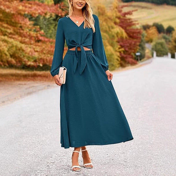 Damen Binde-Kleid mit langen Ärmeln und Rundhalsausschnitt R&B