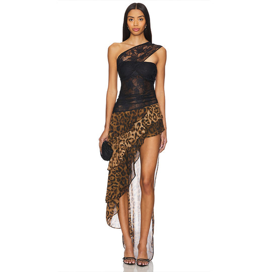 Damen Elegantes Spitzentop mit hohem Schlitz und Leopardenrock R&B