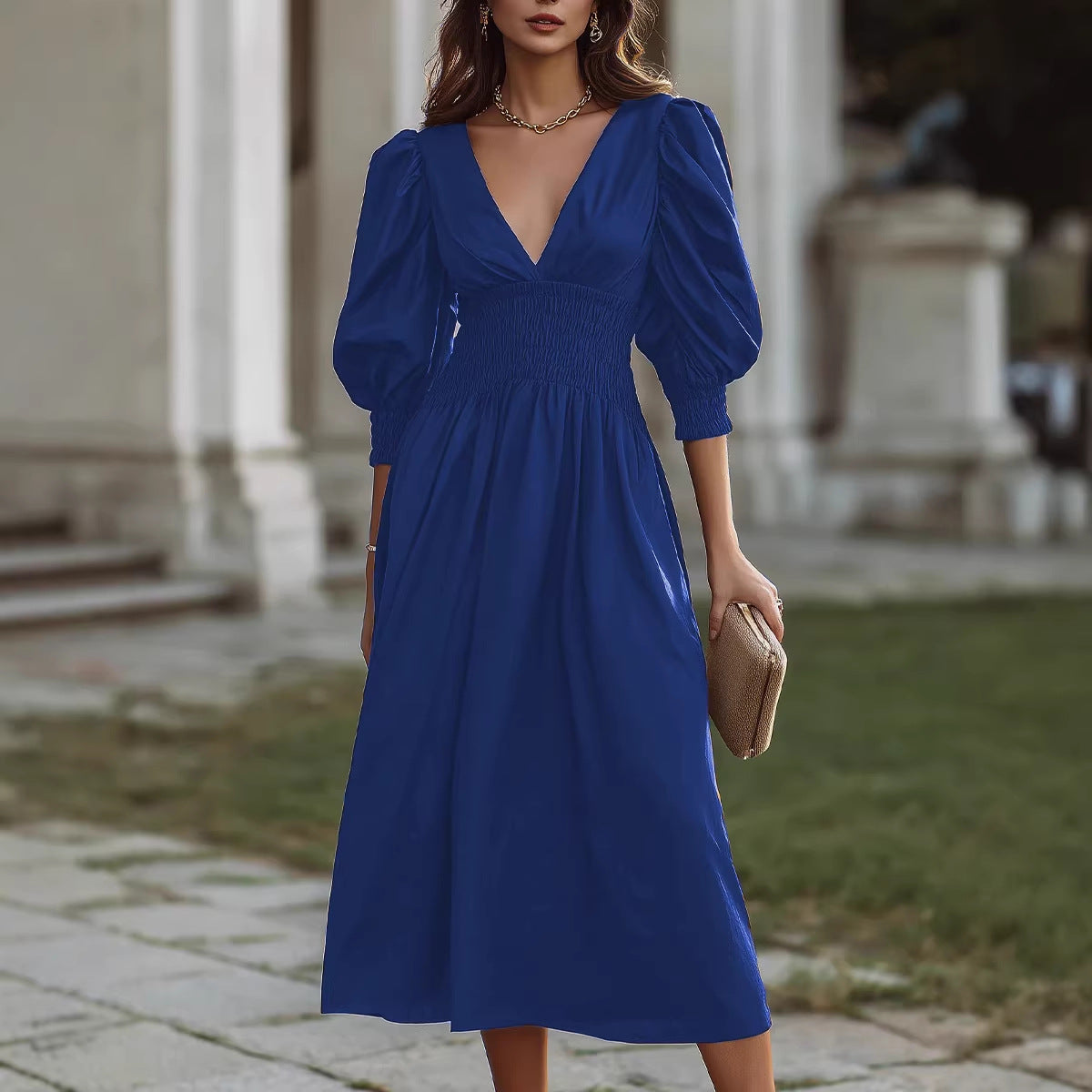 Damen Maxikleid mit schmaler Taille und Puffärmeln R&B