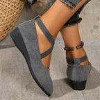 Damen elegante Wedge-Pantoletten mit überkreuzten Riemen und komfortablem Fußbett R&B