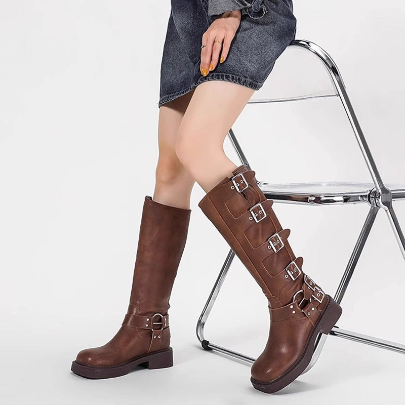 Damen Stiefel mit modischen Schnallen und robustem Blockabsatz R&B