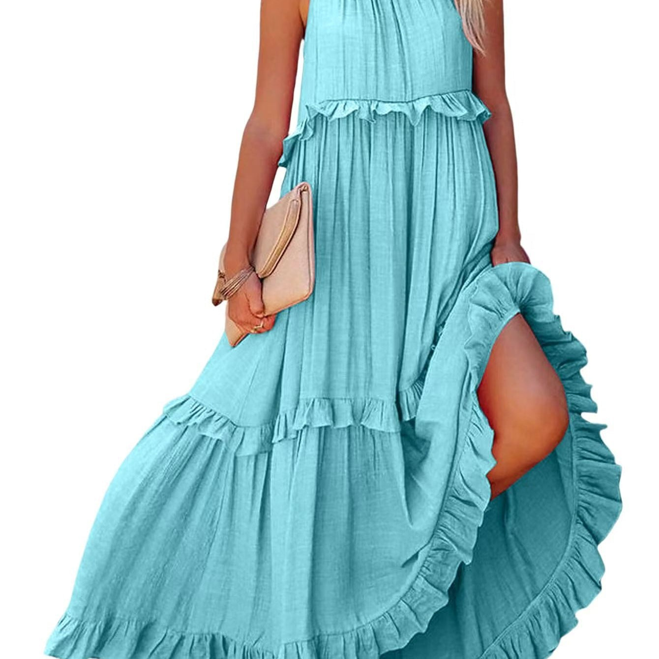Damen Maxikleid mit Rüschendetails und luftiger Silhouette R&B