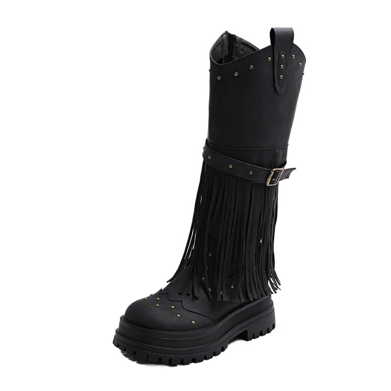 Damen Overknee-Stiefel mit modischem Fransen-Design und robustem Profil R&B