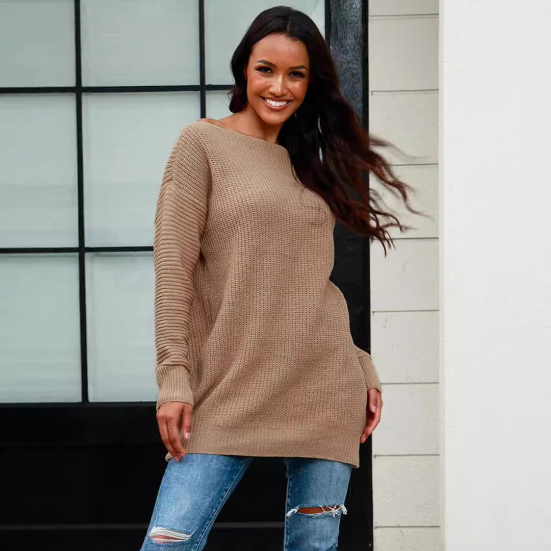 Damen lässiger Strickpullover mit weitem Ausschnitt und Rippstruktur R&B