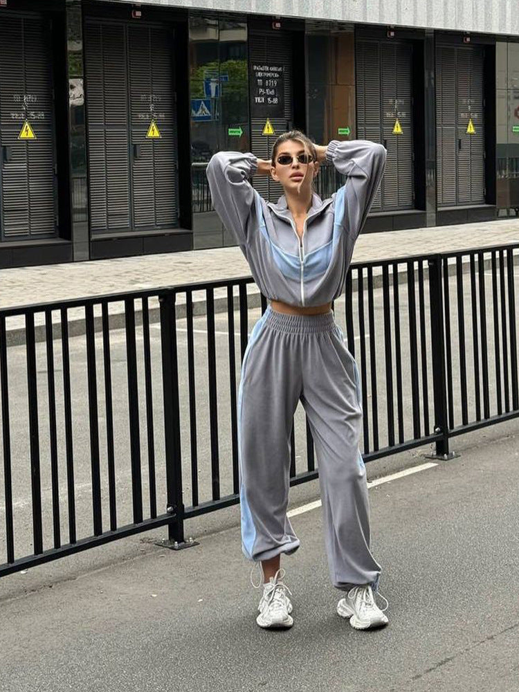 Damen sportliches Fleece-Set mit Reißverschluss und kontrastierenden Seiteneinsätzen R&B