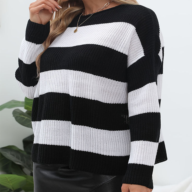 Damen gestreifter Strickpullover mit weitem Schnitt und modischem Design R&B
