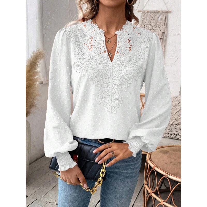 Damen Bluse mit gesticktem V-Ausschnitt und langen Ärmeln R&B