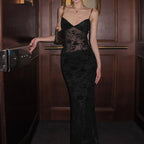 Damen Elegantes Spitzen-Maxi-Kleid mit Spaghetti-Trägern und transparenter Optik R&B