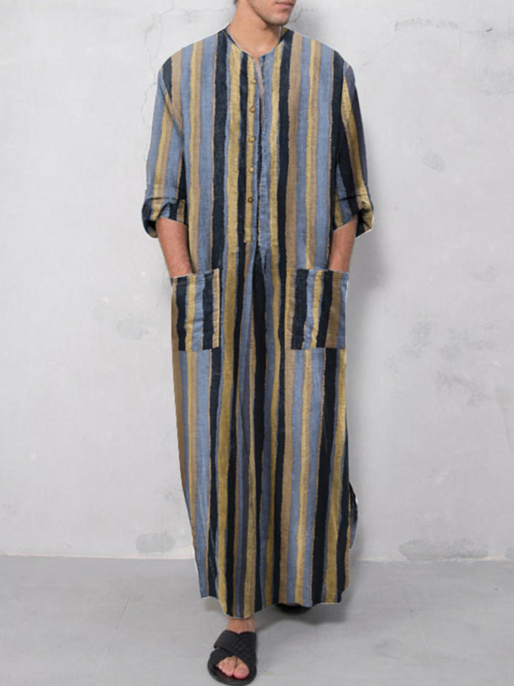 Herren nan lockerer Kaftan aus Leinenmischung mit Knopfleiste und aufgesetzten Taschen R&B