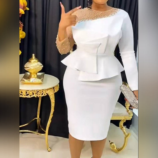 Damen Etuikleid mit transparenten Puffärmeln und dekorativem Peplum R&B