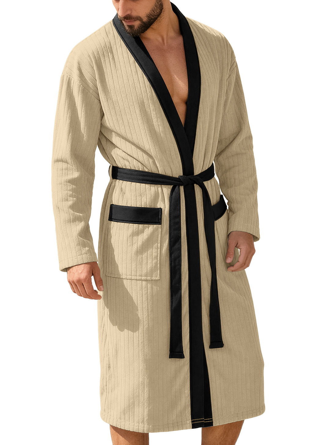 Herren nan wadenlanger Rippen-Bademantel im Kimono-Stil mit Schalkragen und Kontrastpaspel R&B