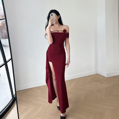 Damen elegantes Off-Shoulder-Maxikleid mit raffiniertem Schnitt und floralen Akzenten R&B