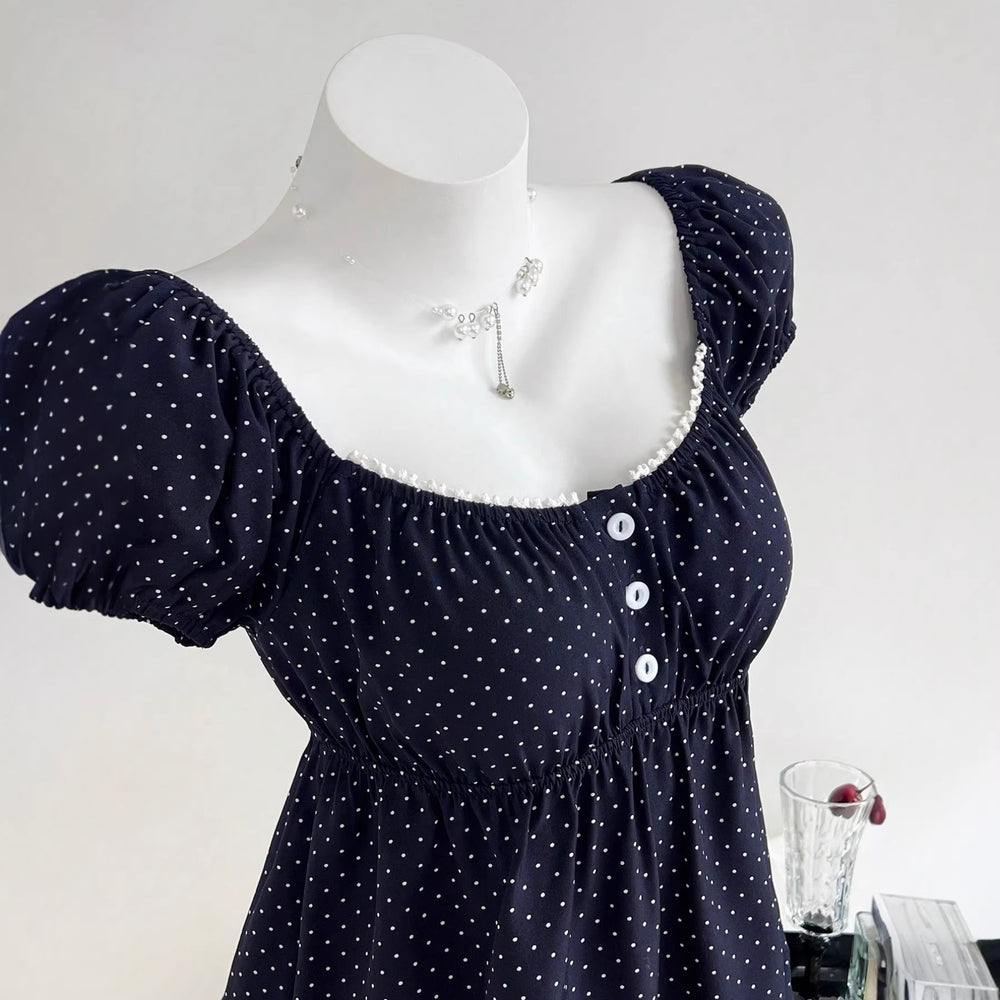 Damen Sommerkleid mit Puffärmeln und süßem Punkten R&B