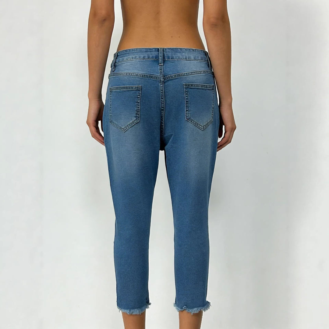 Damen lässige High-Waist Jeans mit fransigem Saum und angesagtem Schnitt R&B