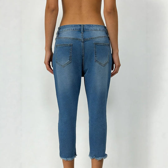 Damen lässige High-Waist Jeans mit fransigem Saum und angesagtem Schnitt R&B
