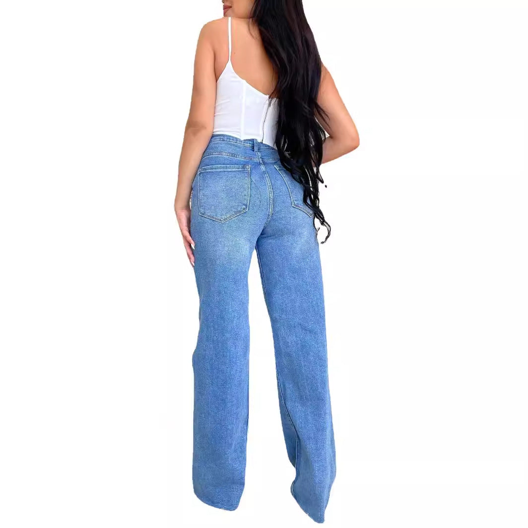 Damen Weit geschnittene Jeans mit distressed Details und hohem Bund R&B