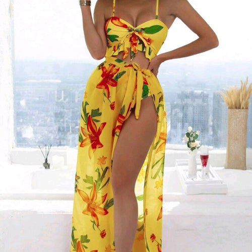 Damen Bikini-Set mit floralem Oberteil und lässigem Maxi-Rock R&B
