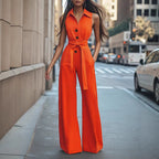 Damen Eleganter Jumpsuit mit schickem Kragen und Taillengürtel R&B