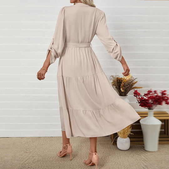 Damen Midikleid mit elegantem V-Ausschnitt und Taillengürtel R&B