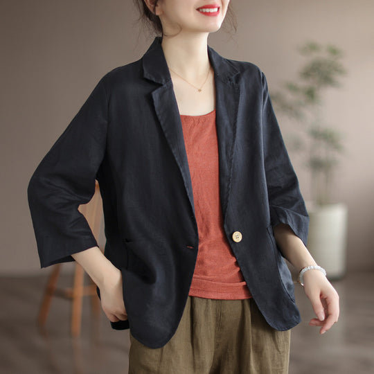 Damen Lässiger Leinenblazer mit breiten Ärmeln und Knopfverschluss R&B