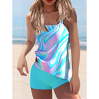 Damen Tankini-Set mit modischem Wasserfarben-Muster und integrierten Shorts R&B