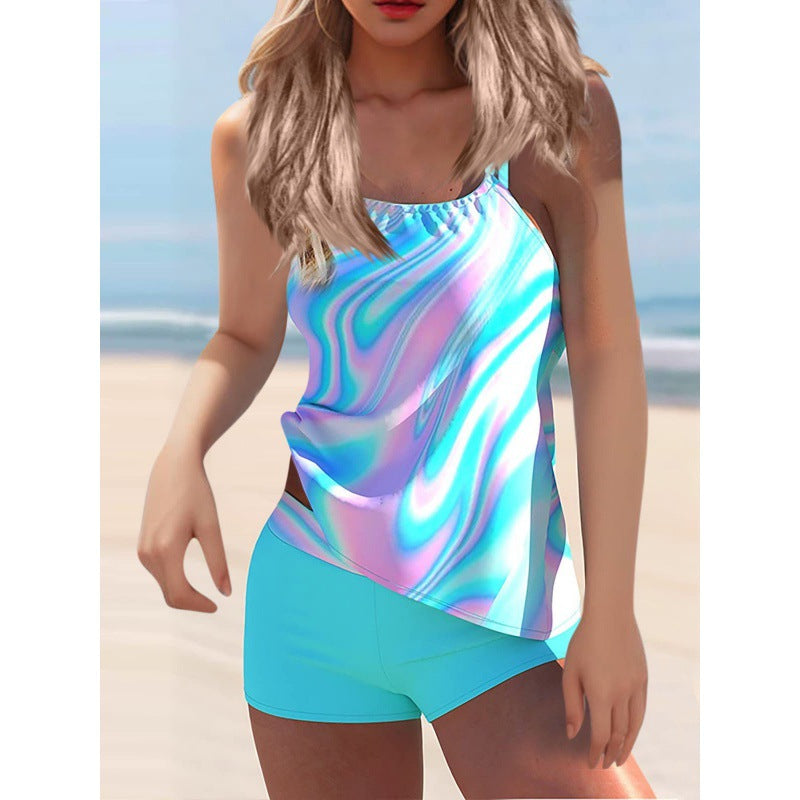 Damen Tankini-Set mit modischem Wasserfarben-Muster und integrierten Shorts R&B