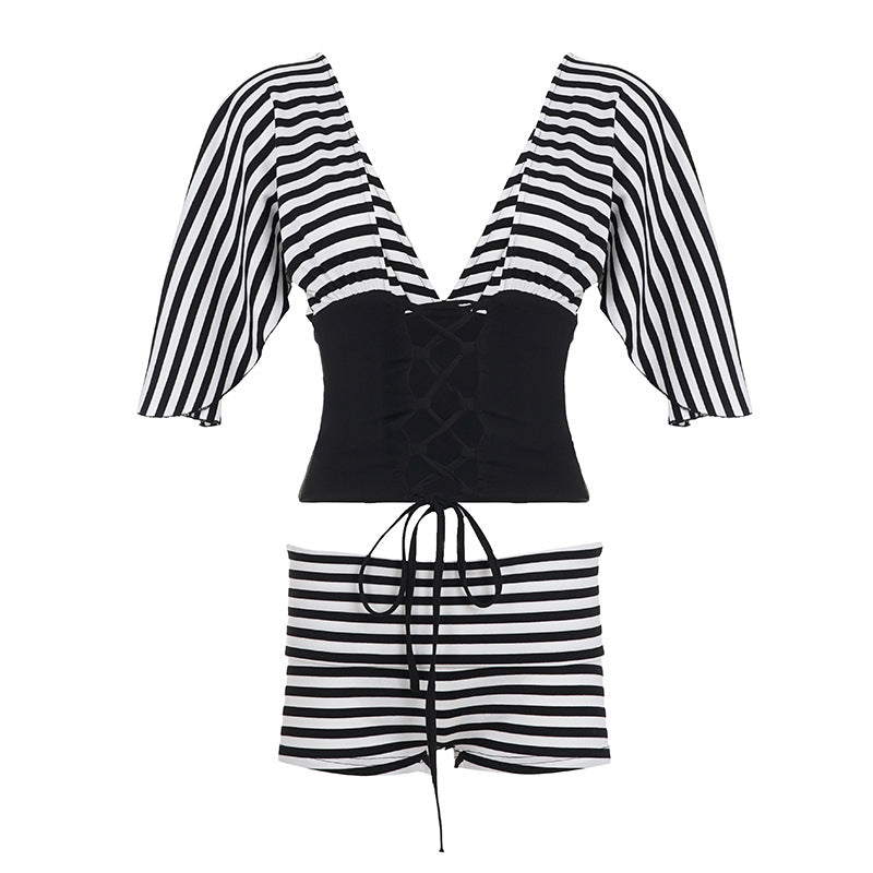 Damen Biquini-Set mit voluminösen Ärmeln und gestreiftem Design R&B