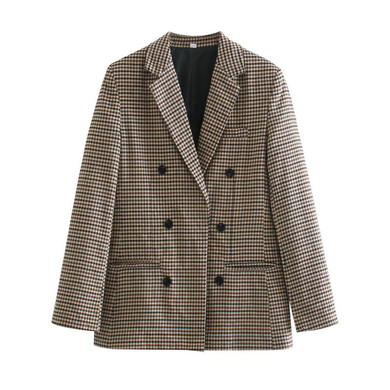Damen kariertes Blazerjacke mit doppelter Knopfreihe und idealem Schnitt R&B